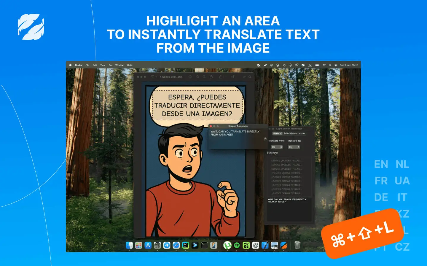 Select screen area for translation interface